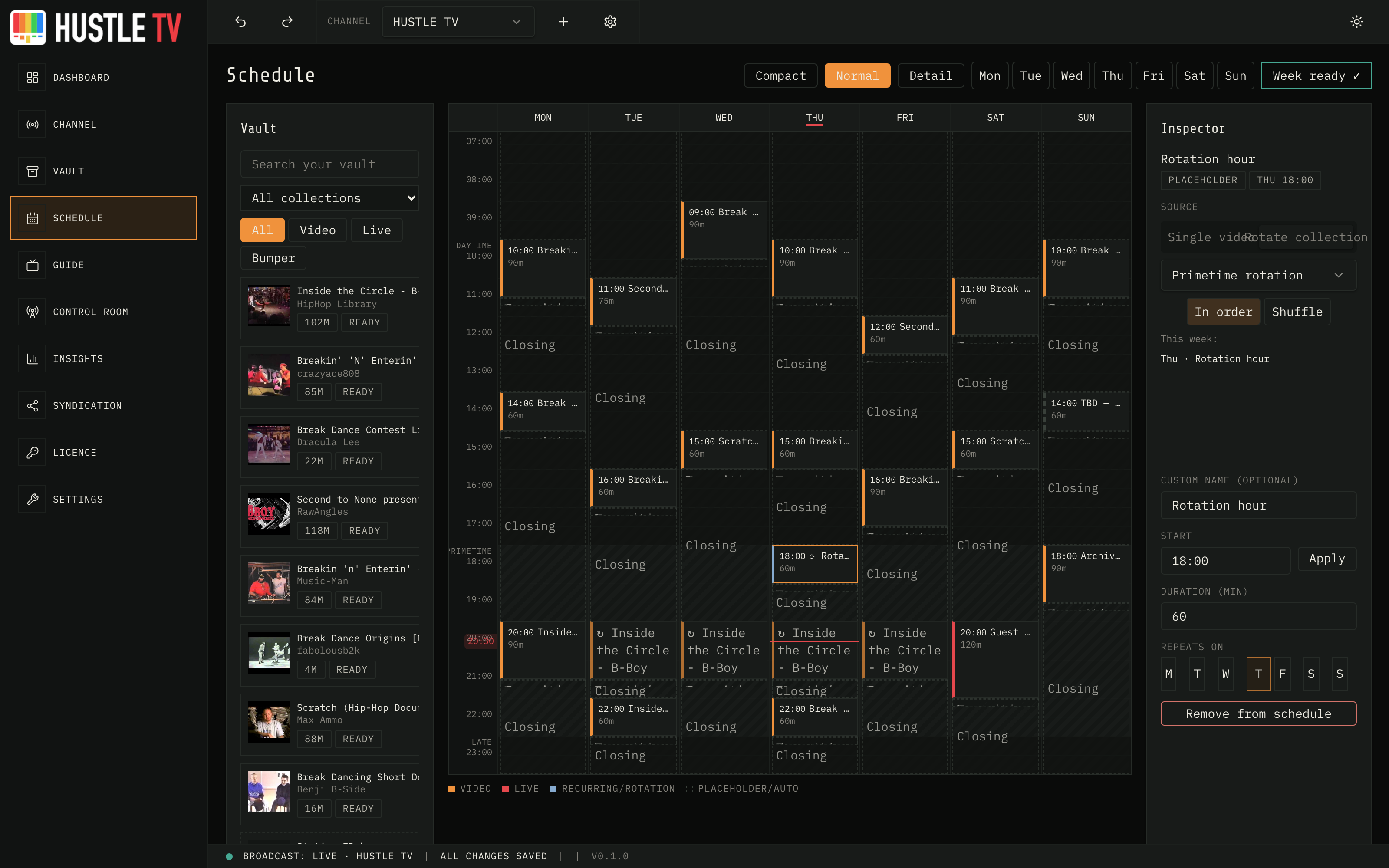 Week schedule grid in Hustle Studio
